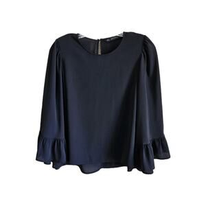 ZARA Women's S Blouse Black Chiffon 3/4 Bell Sleeve Elegant Bust 36"